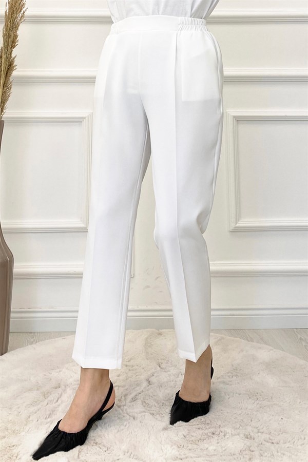 Beli Lastikli Dar Paça Kumaş Pantolon-Beyaz