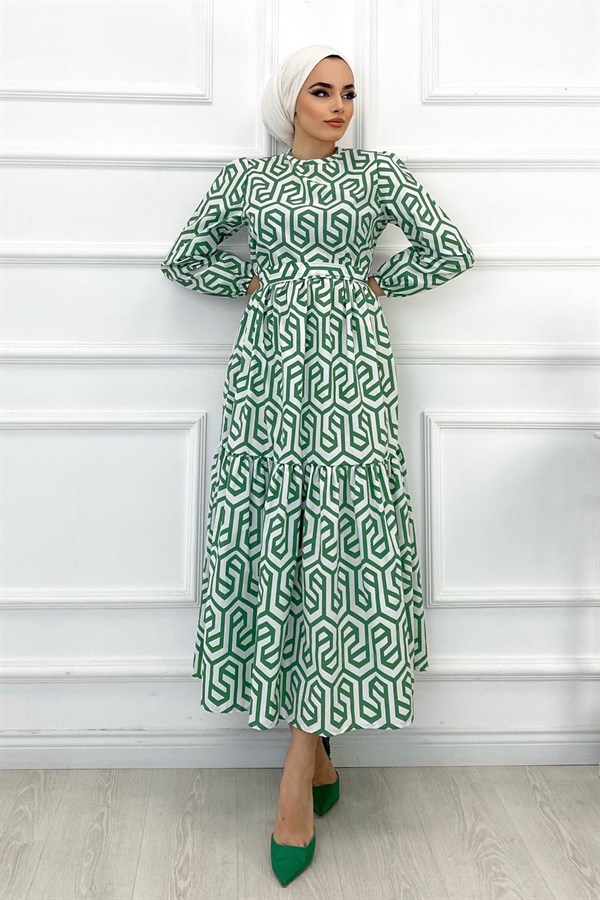 Desenli Seyyar Kemerli Elbise-Yeşil