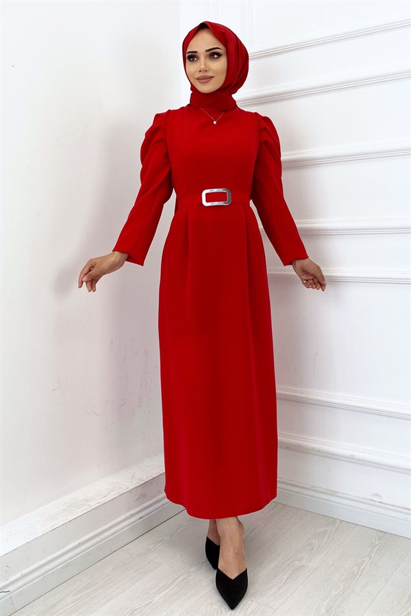 Omzu Fırfırlı Kemerli Elbise-Kırmızı