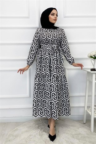 Desenli Seyyar Kemerli Elbise-Siyah