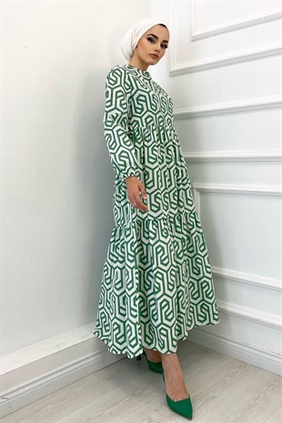 Desenli Seyyar Kemerli Elbise-Yeşil