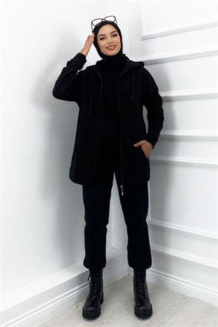 Fermuarlı Kapüşonlu Sweatshirt Siyah