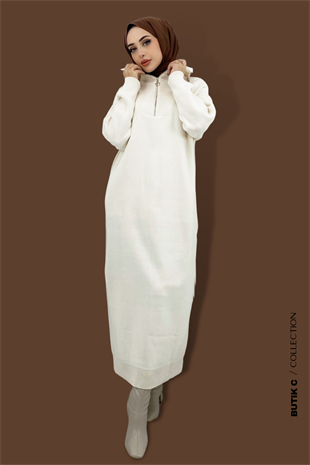 Fermuarlı Triko Elbise Taş