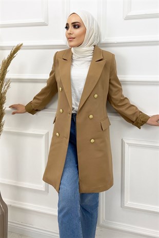 Kadın Uzun Blazer Ceket-Bej