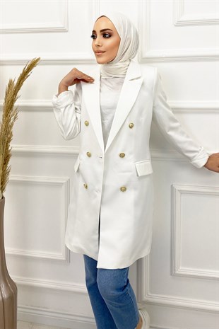 Kadın Uzun Blazer Ceket-Beyaz