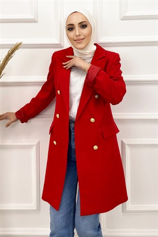 Kadın Uzun Blazer Ceket-Kırmızı