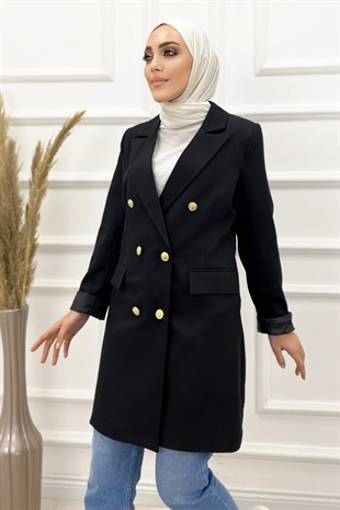 Kadın Uzun Blazer Ceket-Siyah