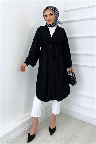 Kuşaklı Gofre Kimono Siyah