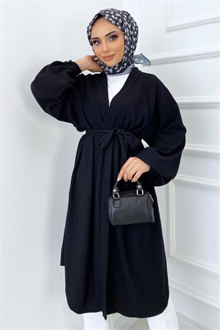 Kuşaklı Gofre Kimono Siyah