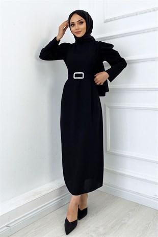 Omzu Fırfırlı Kemerli Elbise-Siyah