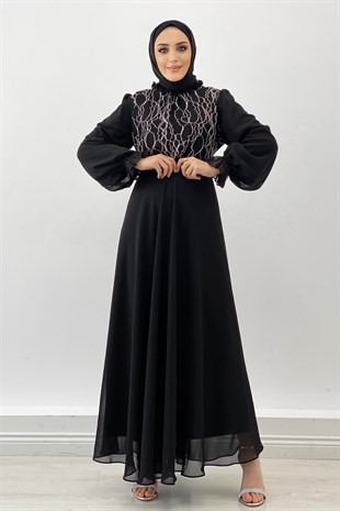 Önü Nakışlı Şifon Elbise-Siyah