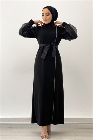 Organze Tül Kuşaklı Elbise-Siyah